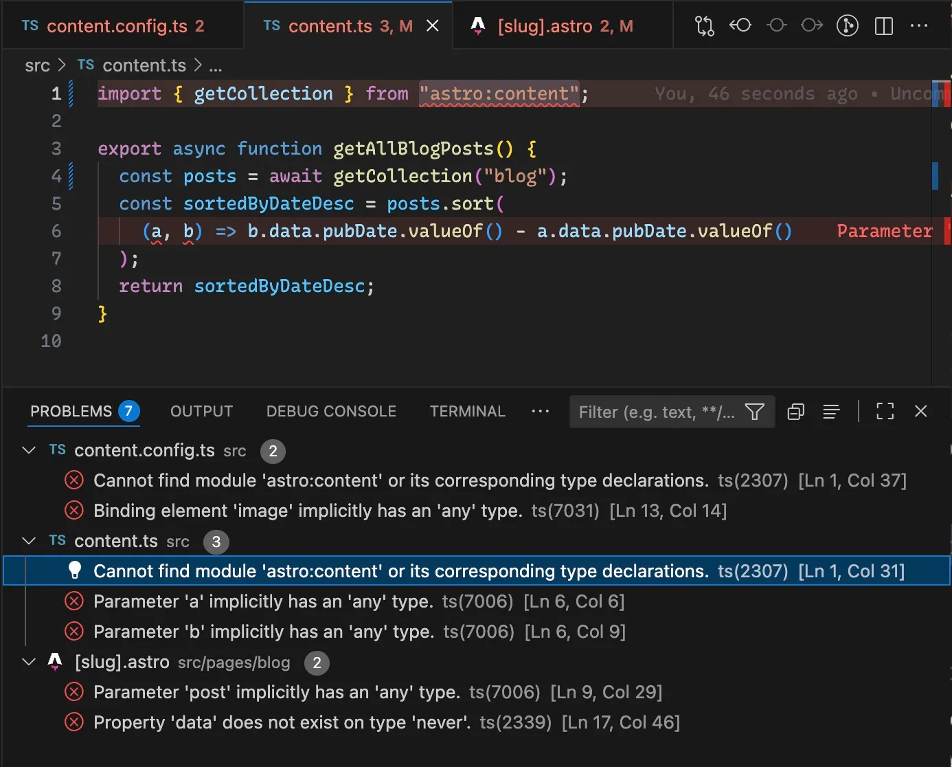Type error on astro:content import